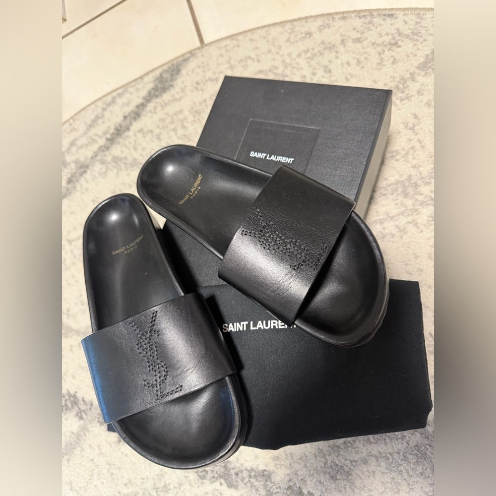 Saint Laurent Black Leather Slide Sandals